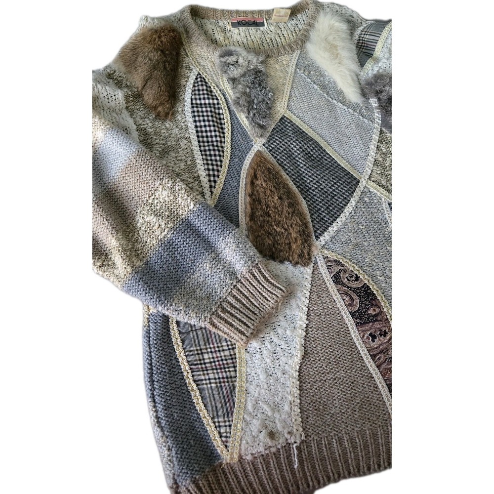 Vintage KOCAL Patchwork Sweater Fur Trim Textured Knit Boho 90s Korea Wool Med/L